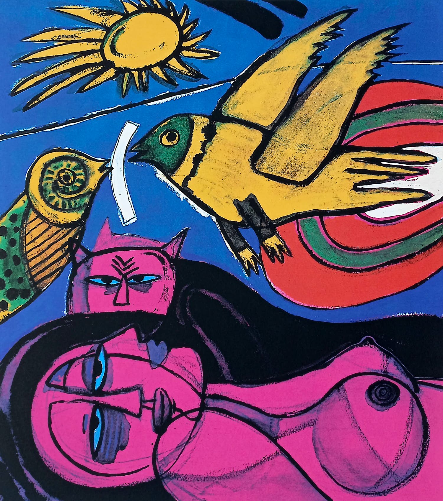 Corneille - Femme, oiseaux, chat, soleil, zeefdruk verkocht voor € 250!