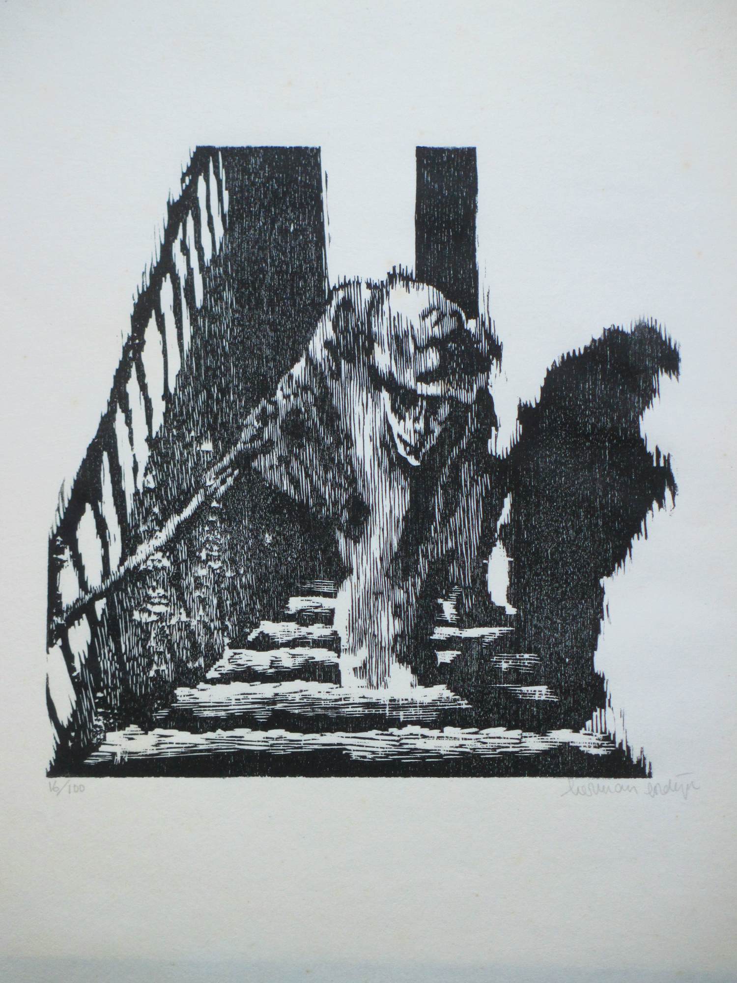 Herman Gordijn - Schimmige figuur op een trap - Houtsnede kopen? Bied vanaf 150!