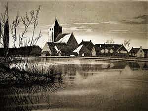 Arend Hendriks - Circa 1930 - verstilde droge naald Ets "Ochtend bij Ouderkerk a/d Amstel" verkocht voor € 30!