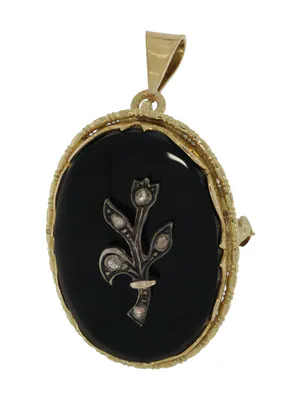 Antieke 14k gouden onyx hanger met roosdiamanten bloem kopen? Bied vanaf 395!