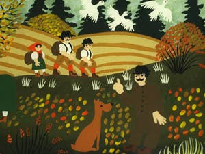 Renate Koblinger-Drobar - Achterglasschildering , Op een mooie herfstdag.. – ingelijst – ca 1980 kopen? Bied vanaf 45!