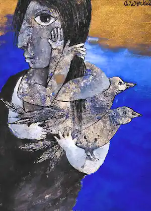 Ans Wortel - Die vogels wil vangen verzamelt enkel veren, gouache verkauft für € 266!