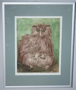 Ronnie Meerts - Uil met uilskuikens - mogelijk een unica ets kopen? Bied vanaf 70!