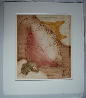 Ludy van Huffel - Ets, droge naald en aquatint , “Vrouw met kikkers” – 75 x 60 cm kopen? Bied vanaf 35!