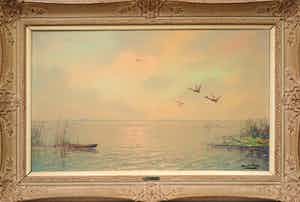 Hans Lenteman - Olieverf op doek, Plasgezicht met eenden - Ingelijst (Groot) verkocht voor € 80!