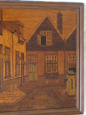 Curiosa - Houtsnijwerk / mozaïek , Stadsgezicht – ingelijst - oud kopen? Bied vanaf 1!