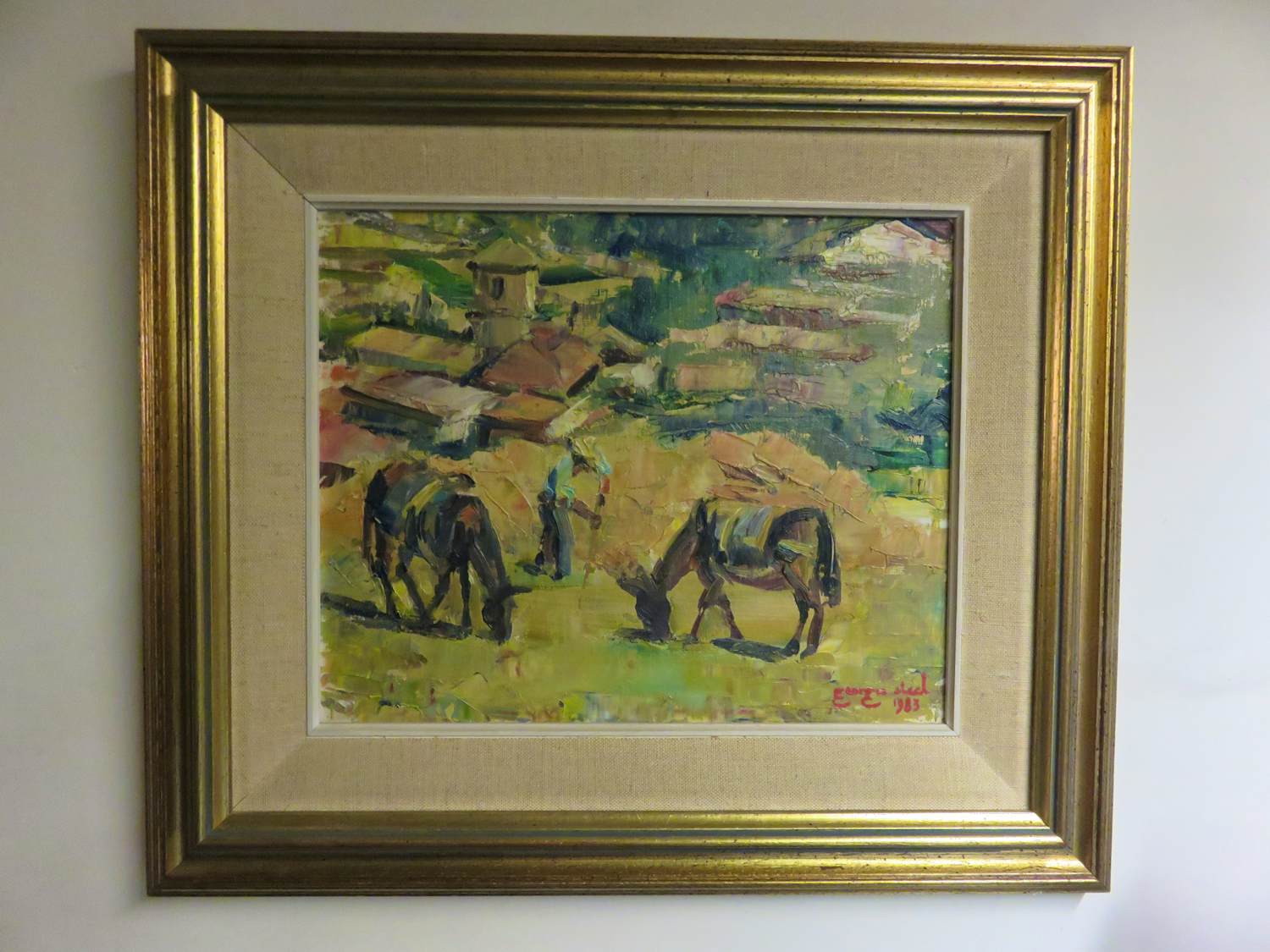 Georges Steel - twee ezels, landarbeider, landschap, dorp ker k Spanje verkocht voor € 100!