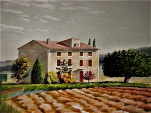 Erna van Mondfrans - Magnifiek pointillistisch Pastel "Landschap Arriege Frankrijk" gesigneerd - kopen? Bied vanaf 10!