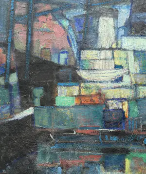 Wim Motz - Olieverf op doek | 'Houthaven van Stolk Rotterdam'| Eind jaren '50 kopen? Bied vanaf 1000!