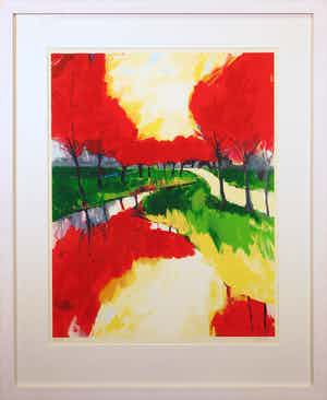 Gerda Elfring - Zeefdruk, Landschap met bomen - Ingelijst (Groot) verkocht voor € 50!