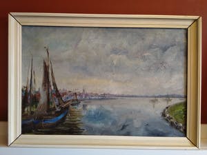 Niet of onleesbaar gesigneerd - Circa 1955 - "Botters op scheepswerf aan water" kopen? Bied vanaf 1!