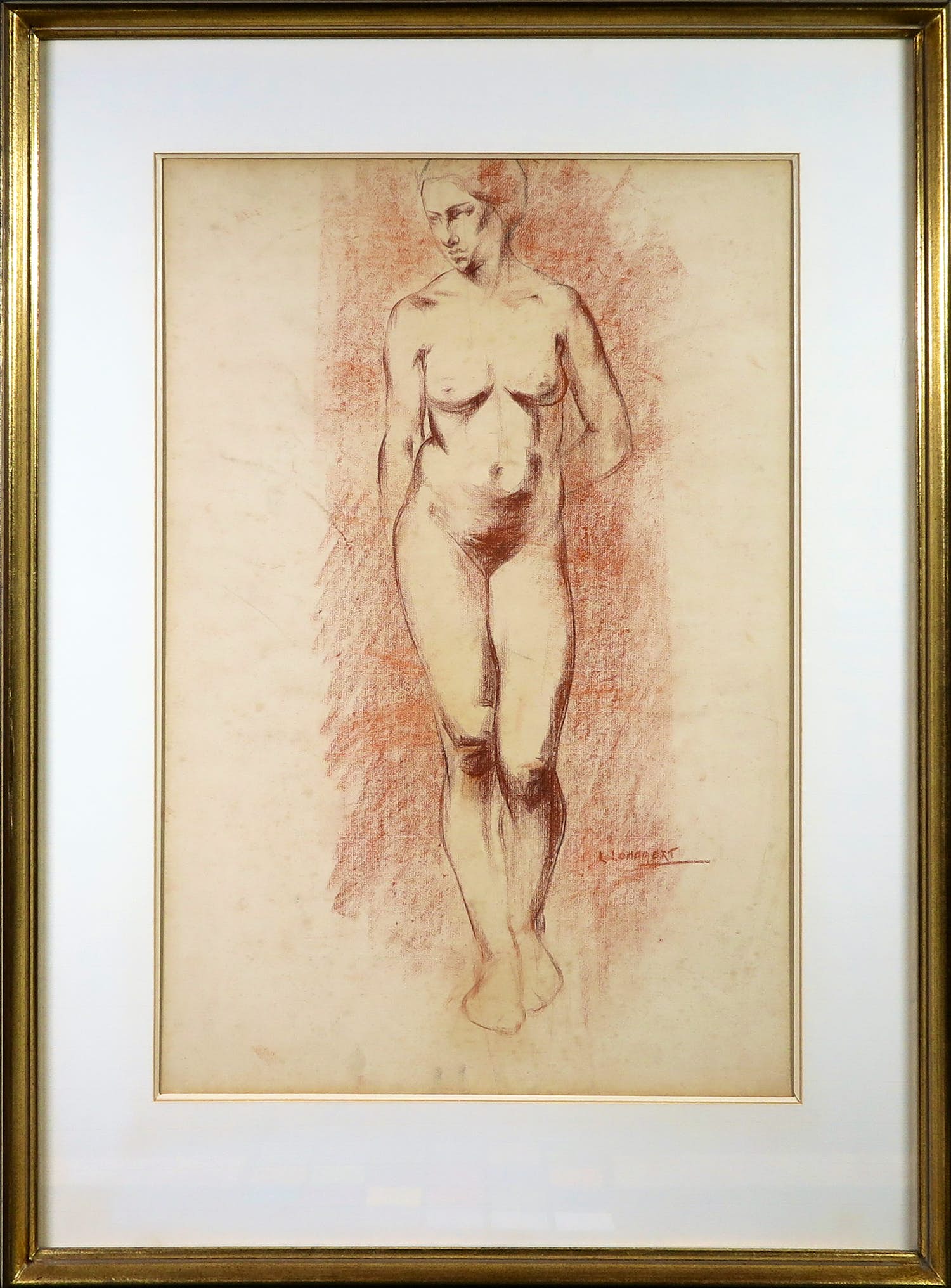 Leon Lommaert - Krijttekening, Naakt - Ingelijst verkocht voor € 35!