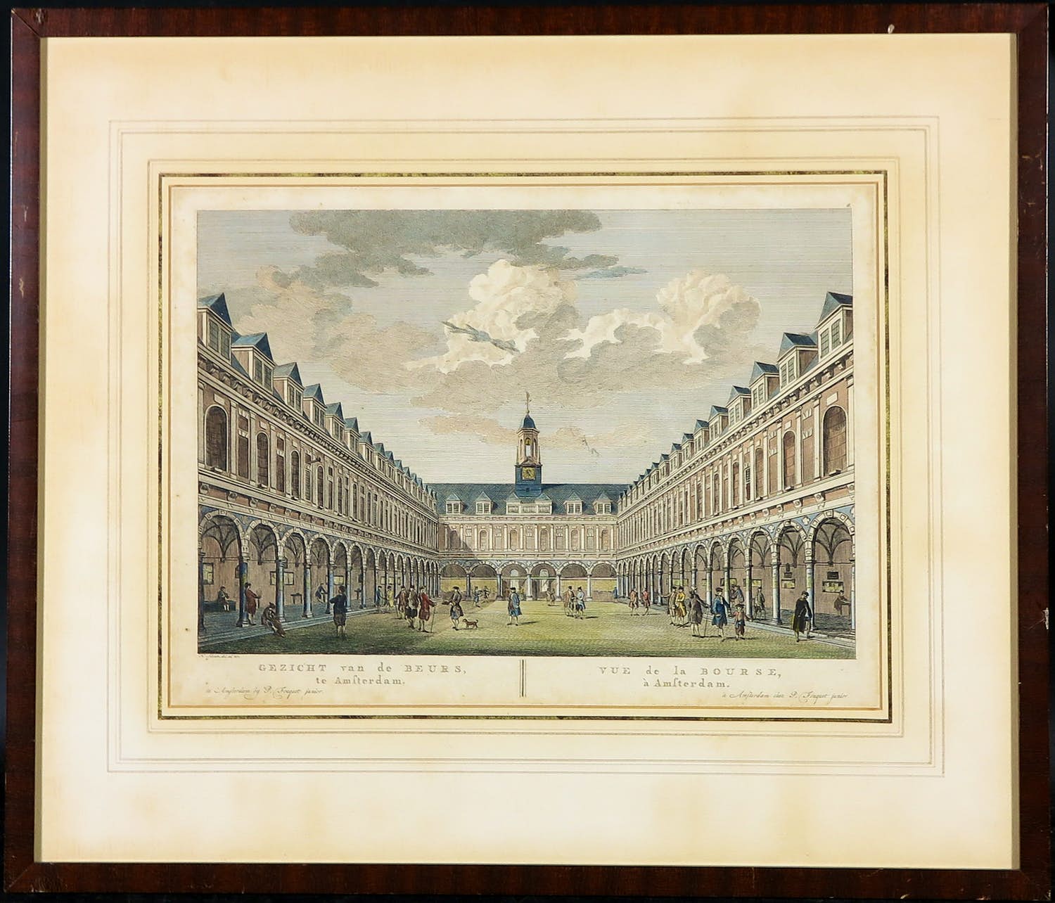 Pieter Fouquet - Handgekleurde gravure, Gezicht van de beurs te Amsterdam - Ingelijst verkocht voor € 50!