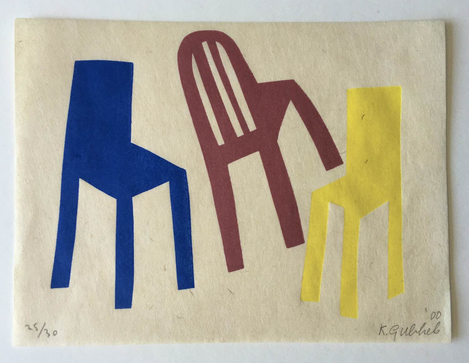 Klaas Gubbels - houtdruk ‘Stilleven met drie stoelen ’ - 2000 - oplage 30 verkocht voor € 350!