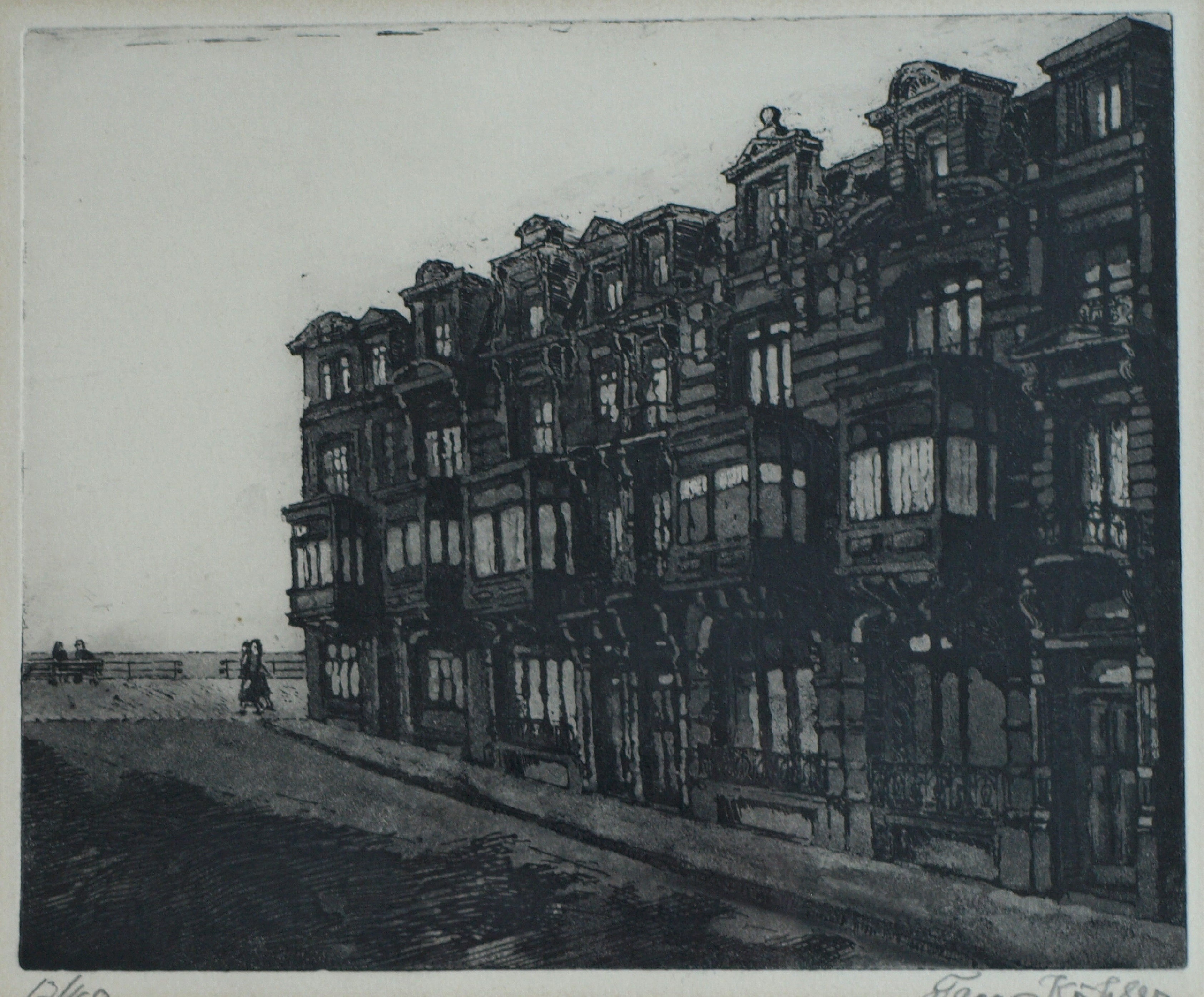 Frans Kohler - Ets , Straatje naar zee in Oostende – gesigneerd & ingelijst – ca 1970 kopen? Bied vanaf 25!