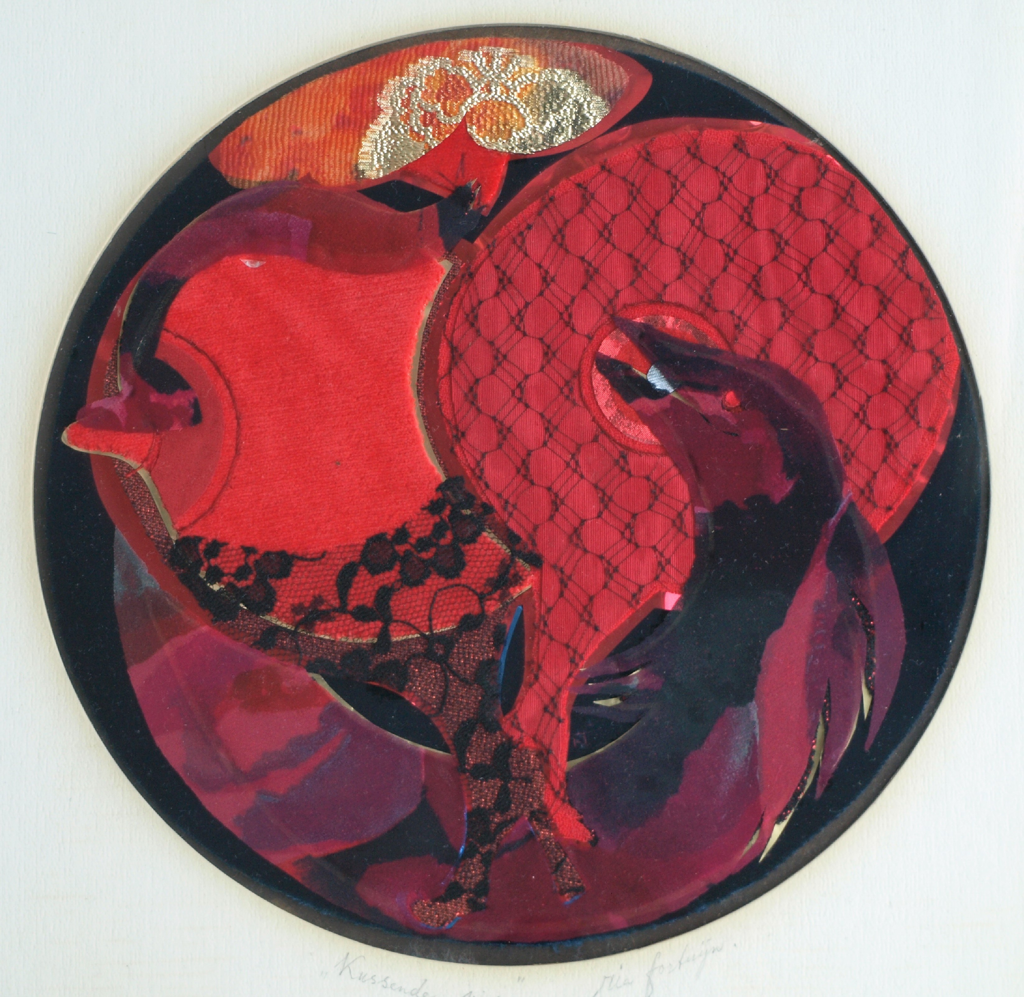 Ria Fortuijn - Kussende vis – Textiel – gesigneerd & ingelijst  kopen? Bied vanaf 15!