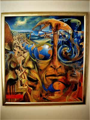 Niet of onleesbaar gesigneerd - Indrukwekkend surrealistisch Olieverf "World in your Eyes" ca. 1970 - GROOT!!! verkocht voor € 10!