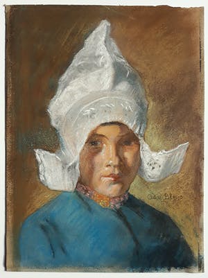 Adri Bleys - Meisje in Volendamse klederdracht, pastelkrijt tekening kopen? Bied vanaf 275!