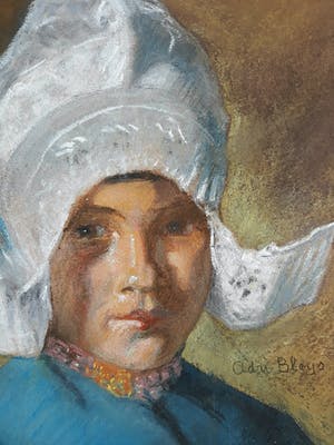 Adri Bleys - Meisje in Volendamse klederdracht, pastelkrijt tekening kopen? Bied vanaf 275!