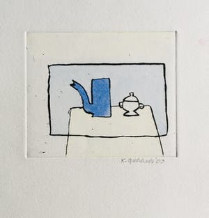 Klaas Gubbels - ets met aquarel ingekleurd - ‘Blauwe kan met suikerpotje’ kopen? Bied vanaf 245!