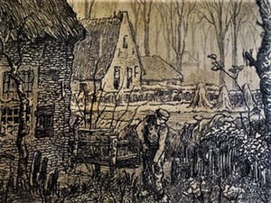 Toon de Jong - Fraaie droge naald Ets "Het oudste huis van Laren" gesigneerd - in antieke lijst kopen? Bied vanaf 10!