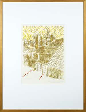 Roger Raveel - Ets, De spanning van de rust in het dorp - Ingelijst verkocht voor € 600!