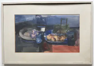 Theodoor Heynes - aquarel op papier | 'Stilleven met blauwe schaal' (INGELIJST) kopen? Bied vanaf 20!