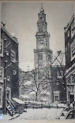 Cornelis Brandenburg - De Westerkerk in winters Amsterdam - heldere ets verkauft für € 65!
