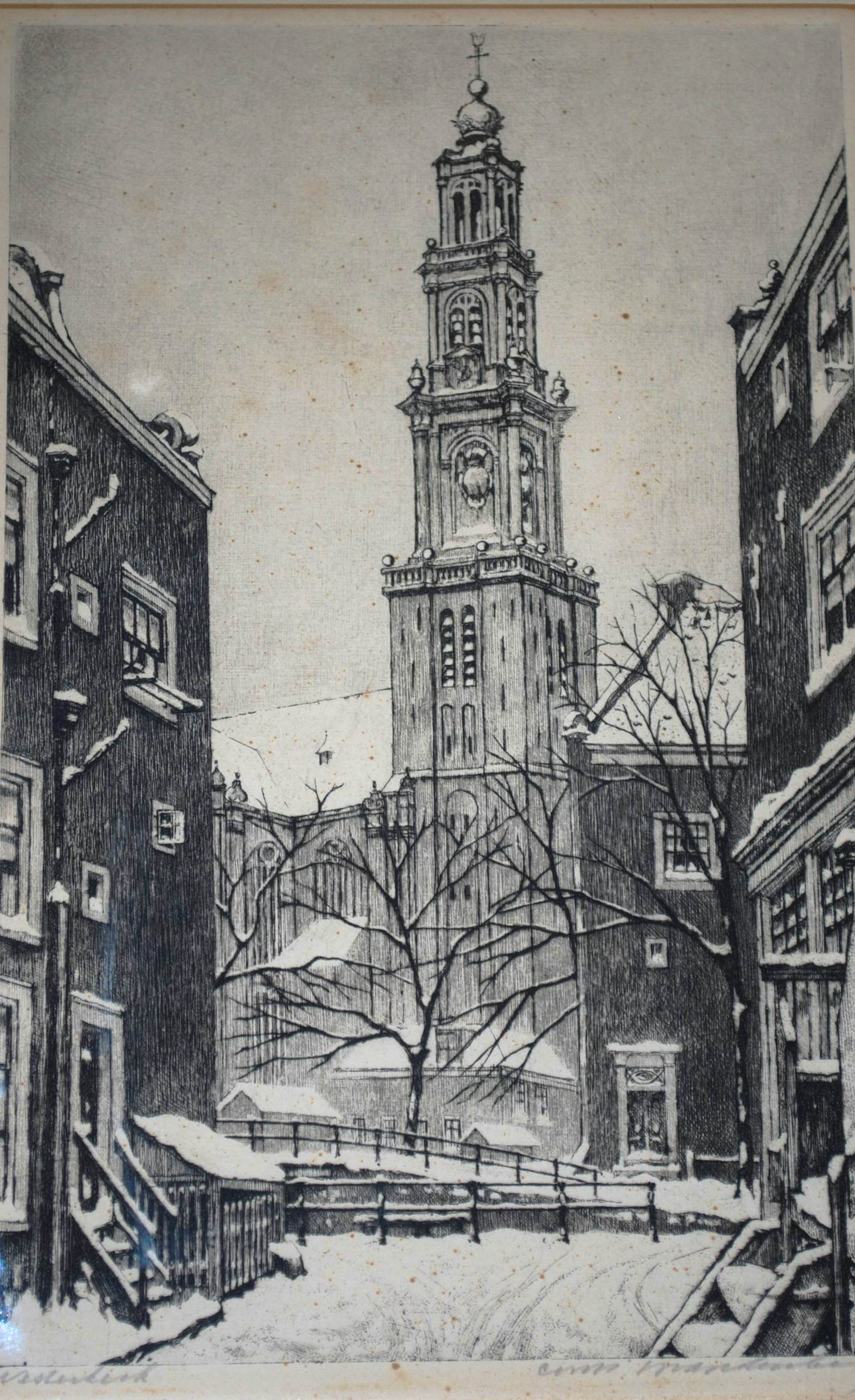 Cornelis Brandenburg - De Westerkerk in winters Amsterdam - heldere ets verkocht voor € 65!