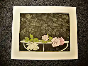 Jean Paul Vroom - Fraaie handgekleurde Litho "Wilde rozen op tuintafel" - 1984 - potloodgesigneerd verkauft für € 68!