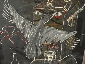 Hannes van Es - Zeer groot ingelijst schilderij (162 x 130 cm), “Zwarte vogel” – 1984 kopen? Bied vanaf 300!