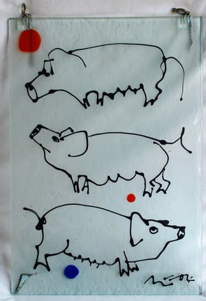 Niet of onleesbaar gesigneerd - 3 op Glas geschilderde werken, Fietsen, Koeien en Varkens - gesigneerd kopen? Bied vanaf 1!