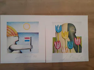 Jörg Remé - Set van 2 Werken DE VLAG+TULPEN Handgesigneerd. kopen? Bied vanaf 22!