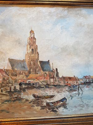 Niet of onleesbaar gesigneerd - Stadshaven te Maassluis. Zie achterzijde naam vd schilder. kopen? Bied vanaf 10!