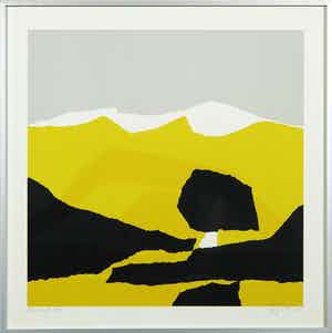 Gijs Keizer - Zeefdruk, Z.T. Abstracte voorstelling in geel en zwart - Ingelijst verkocht voor € 20!