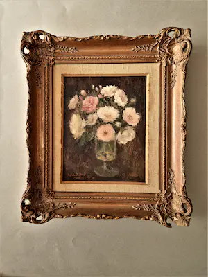 Niet of onleesbaar gesigneerd - Begin 20e eeuw naïef geschilderd olieverf "pioenrozen in glas" gesigneerd kopen? Bied vanaf 1!