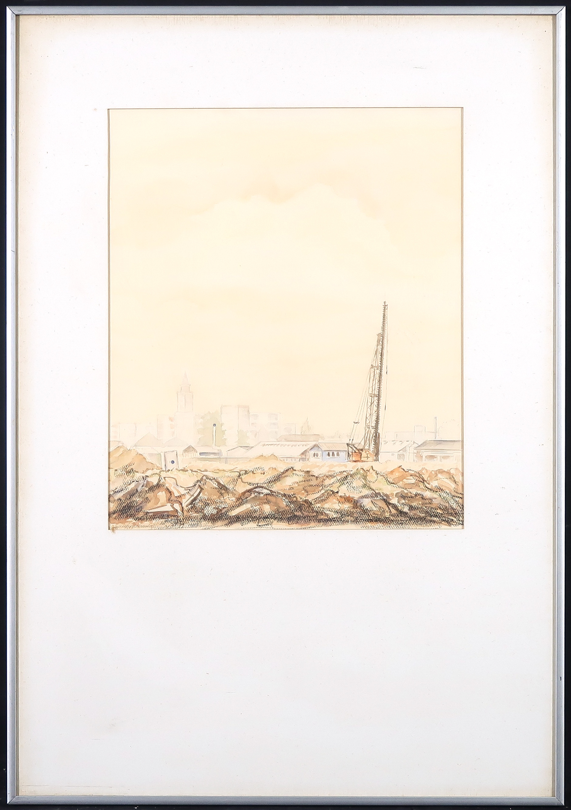 Niet of onleesbaar gesigneerd - Aquarel en krijt, Bouwkraan bij gebouwen - Ingelijst kopen? Bied vanaf 1!