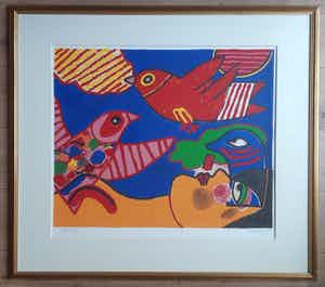 Corneille - " Vol d' Oiseaux ". Grote en kleurrijke zeefdruk uit 1985. verkocht voor € 345!