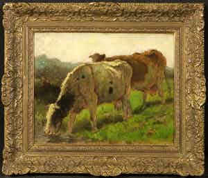 Jan de Jong - Olieverf op doek, Twee koeien - Ingelijst verkocht voor € 250!