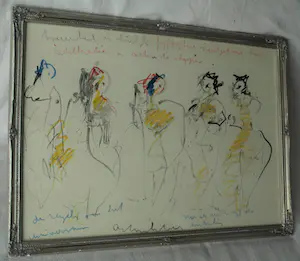 Anton Heyboer - Pastel & acryl , 5 Vrouwen – met veel tekst..... - Ingelijst kopen? Bied vanaf 135!