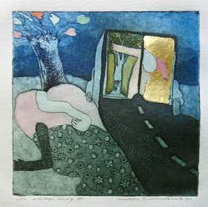 Michel van Overbeeke - ALWAYS AWAY II / KLEURETS + GOUDOPDRUK / 65x50cm / SIG / 1996 verkocht voor € 35!