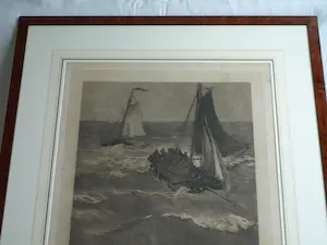 Hendrik Willem Mesdag - & C.L. Dake : Grote ingelijste ets , Vissersboten bij Scheveningen – 1879 kopen? Bied vanaf 1!