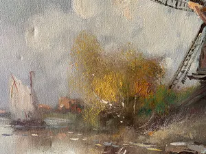 Niet of onleesbaar gesigneerd - Een typisch Hollands polderlandschap met een houten molen kopen? Bied vanaf 1!