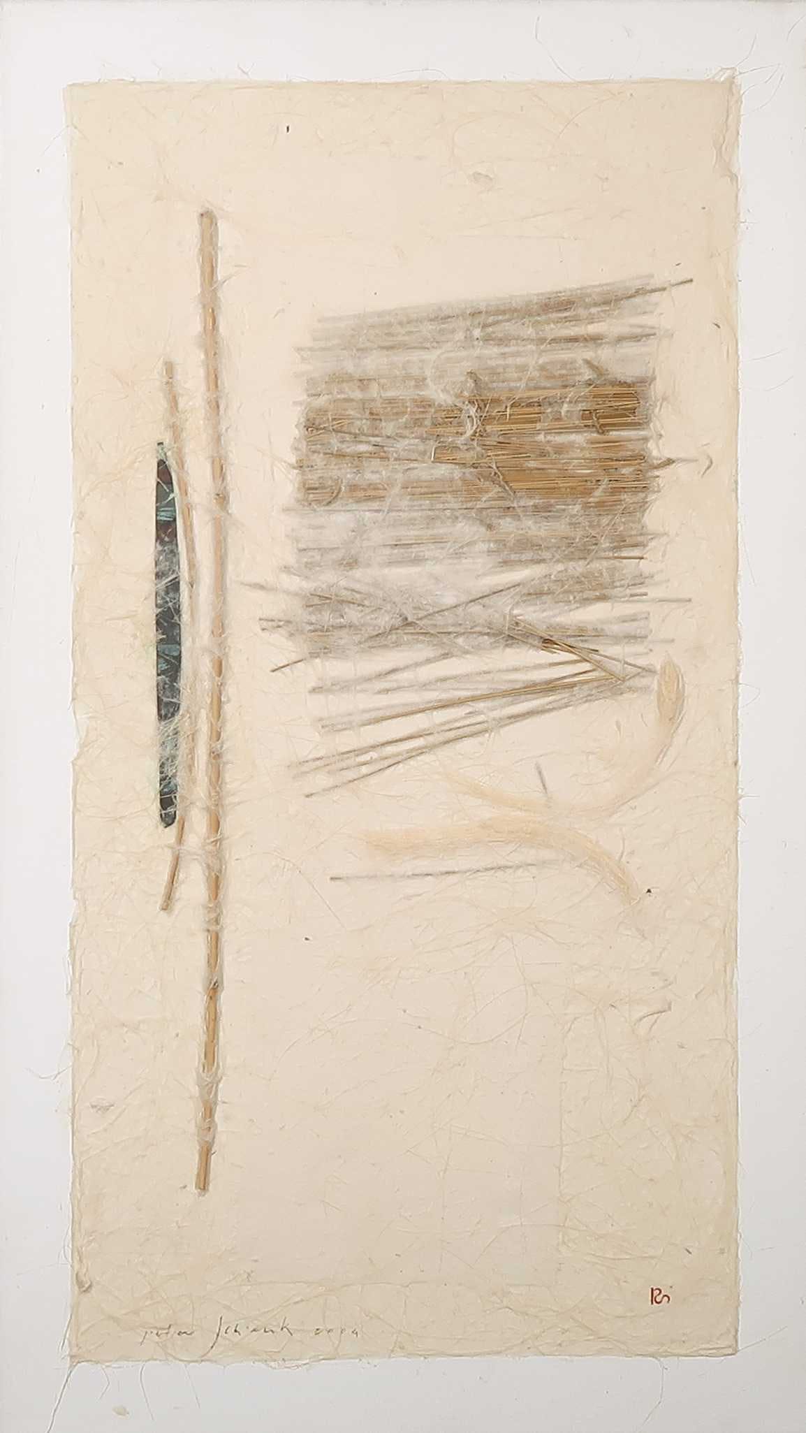 Peter Schenk - Gemengde techniek op doek, Compositie met koper en bamboe verkocht voor € 200!