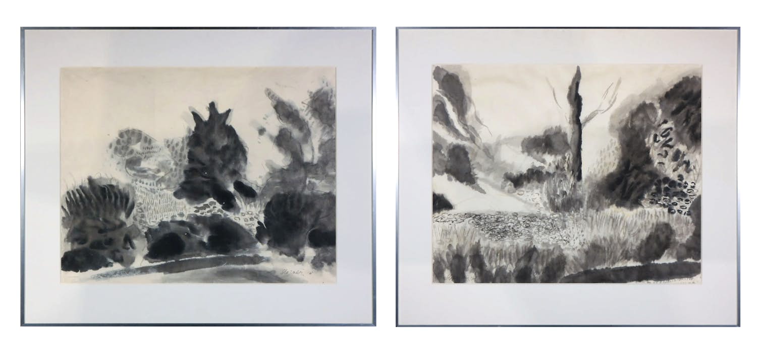 Gerard Schaperkotter - Indische inkt op papier, Tuin I en Tuin II- Ingelijst verkocht voor € 70!