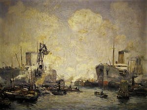 Jan Sirks - GROOT circa 1930 OLIEVERF schilderij "bedrijvigheid in Rotterdam Maashaven" kopen? Bied vanaf 180!