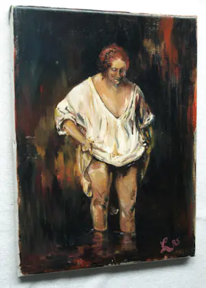 Peter Leyenaar - (1923-2023) Naar Rembrandt , Olieverf op doek, Badende vrouw - 1983 kopen? Bied vanaf 1!