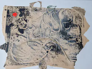 Theo Beerendonk - 1968 - gemengde techniek (papier, lino, gouache, visnet) "Naakt in rood" kopen? Bied vanaf 148!