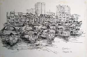 Jan Rodrigo - 2 x stadsgezicht. Singapore en Jakarta verkocht voor € 45!