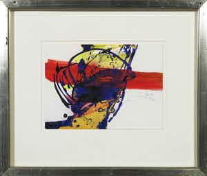 Arty Grimm - Gemengde techniek op papier, Abstracte compositie - Ingelijst verkocht voor € 100!